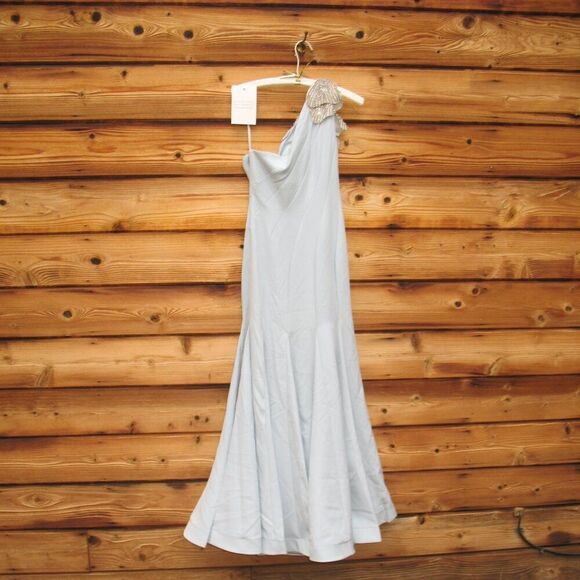 Mac Duggal 11810 Womens Blue Crepe One Shoulder Gown Dress With Flower - Picture 10 of 14